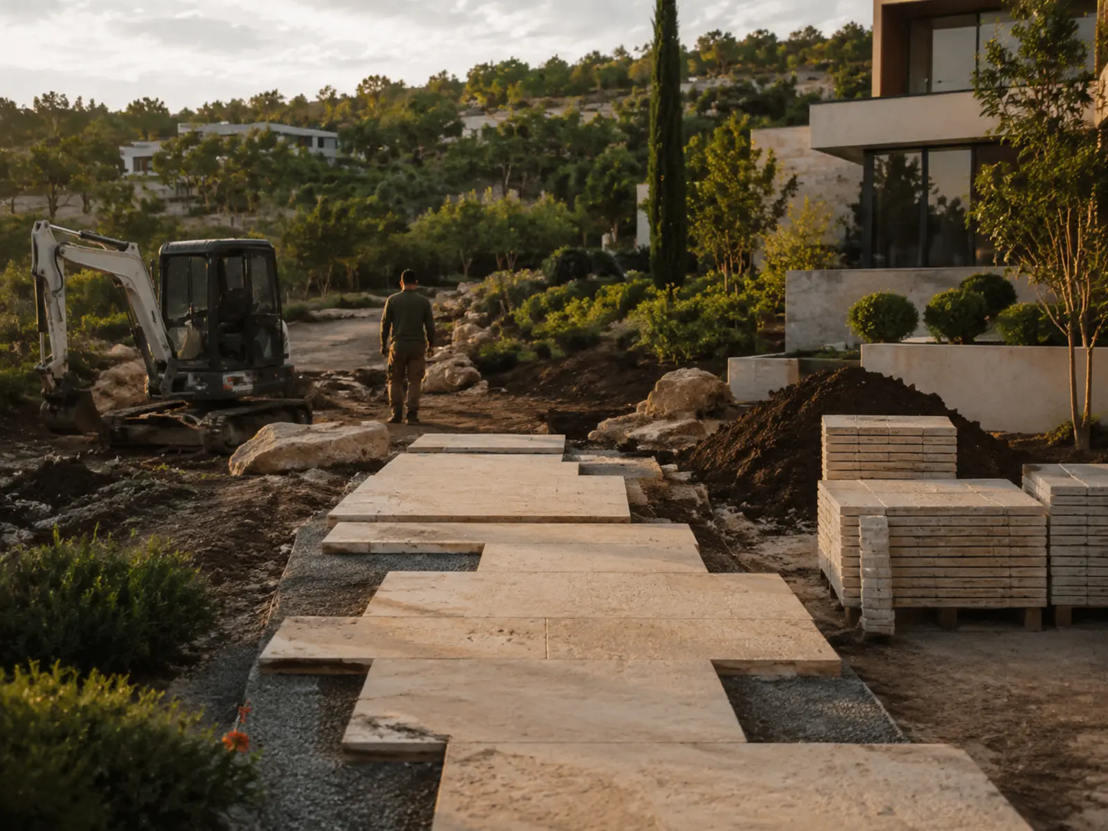 Villa bahçesinde peyzaj uygulama çalışması