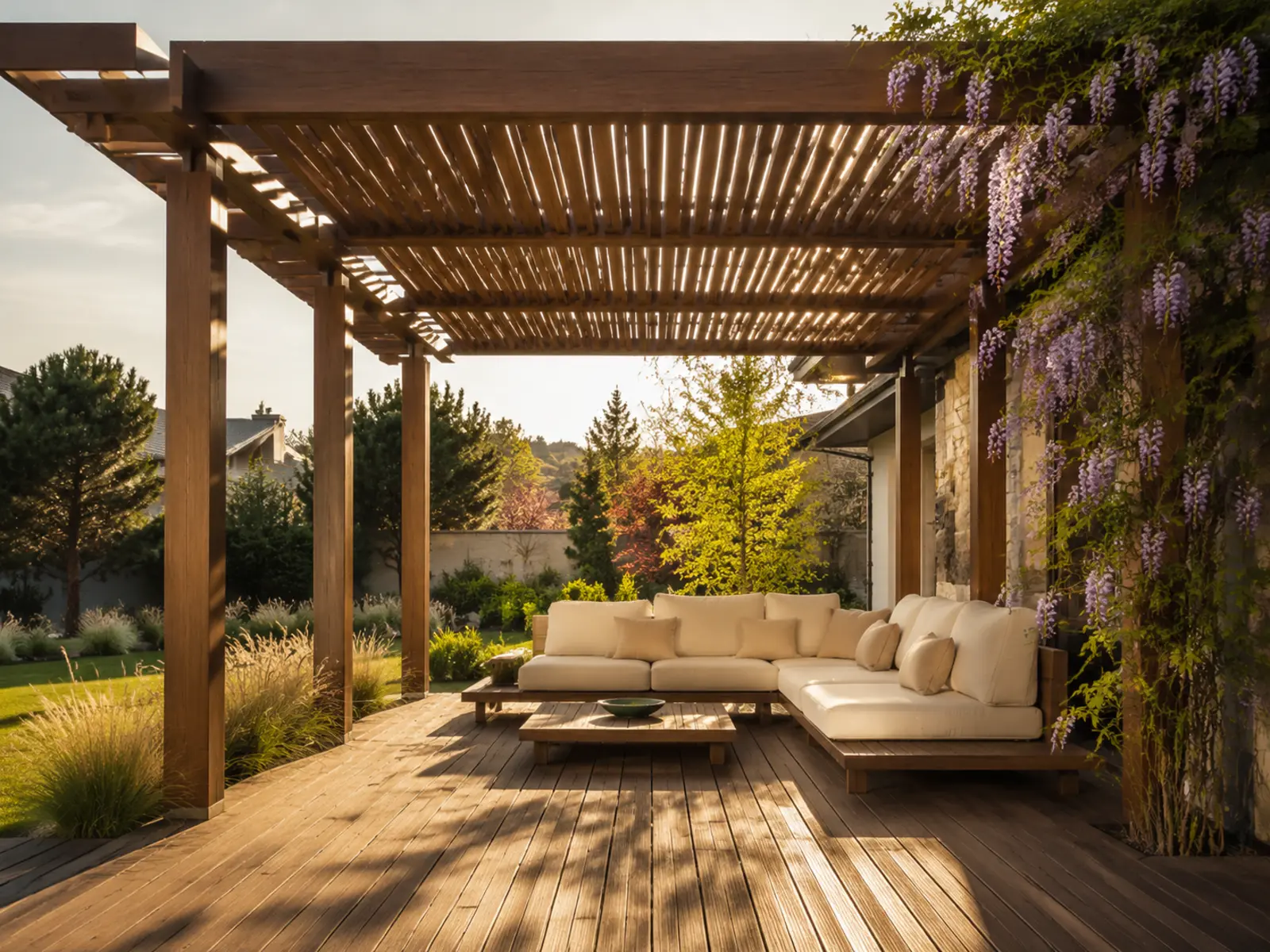 Bahçede ahşap pergola uygulaması